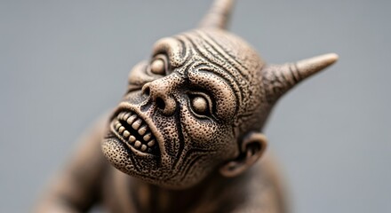 Close-up of a grotesque and menacing horned creature sculpture with intricate facial details and sharp teeth, evoking a dark fantasy or mythical atmosphere from ancient folklore