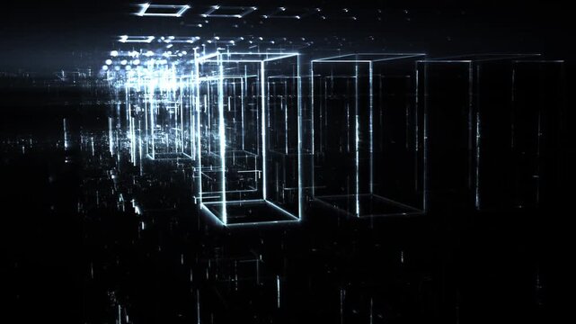 Leuchtende gitterf&ouml;rmige Geometrie f&uuml;r Technologie, Energie, Produktion & Datentransfer &ndash; moderne Architektur, Planung & Sicherheit visualisiert, blau
