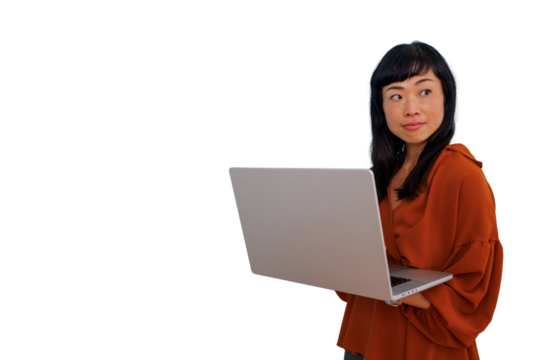 Asian businesswoman holding laptop and looking away, finding solution or inspiration, transparent background