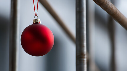 A vibrant red sphere ornament hangs delicately from an industrial metal structure with a crimson ribbon, casting a subtle festive glow. Simple yet impactful.