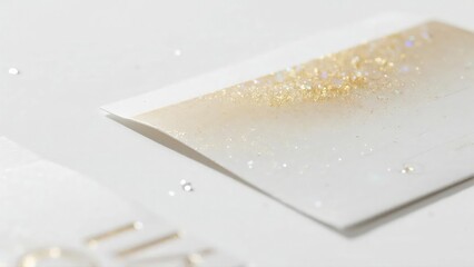 Elegant envelope glistens with ethereal golden glitter on a clean white surface, hinting at luxury.