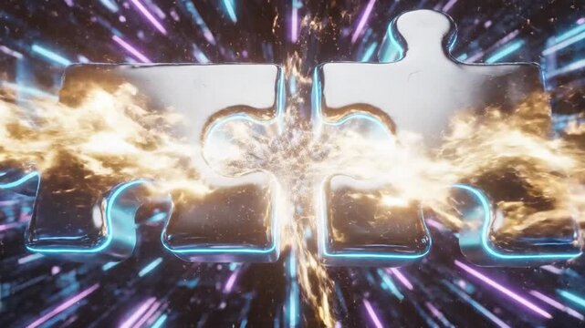 Digital API-integration concept featuring two interlocking puzzle pieces within a futuristic tech interface, symbolizing seamless data exchange, system connectivity, and modern software interoperabili