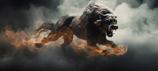 a light mythical beast, coming out of the smoke,,generative AI