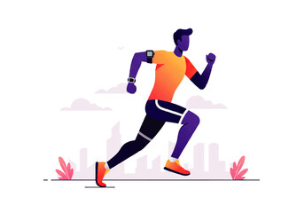 Illustration of a man running with a city skyline in the background.