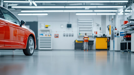 Modern auto repair shop featuring red car foreground and technician working background. spacious interior is well lit and organized, showcasing