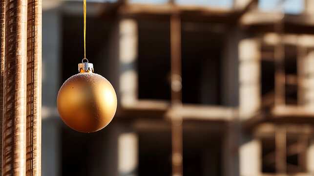 Festive spirit at the construction site: a golden bauble hangs from metal rebars with the blurred background of a structure under construction, bringing holiday cheer to the scene.