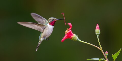 Rubythroated Hummingbird Male Feeding on Red Flower Nectar Hovering Motion Shot Wildlife Nature Portrait