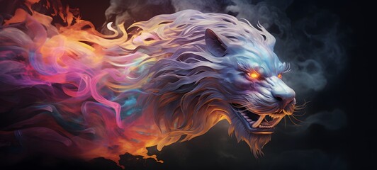 a light mythical beast, coming out of the smoke,,generative AI