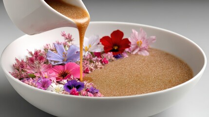 Rich caramel colored liquid pours into a white bowl filled with fine granular substance and edible blossoms.