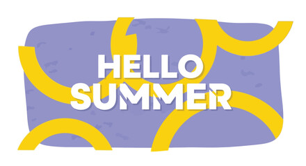Hello Summer Text with Yellow Arcs on Purple Background