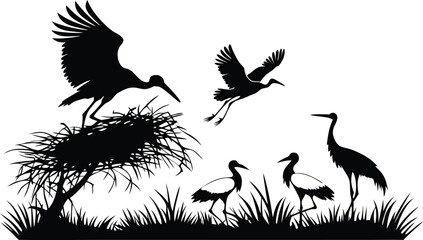 Elegant silhouette of storks in flight and nesting evokes nature's beauty, perfect for wildlife conservation and environmental awareness campaigns