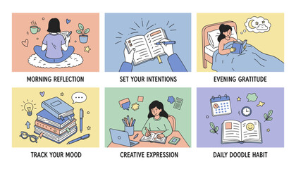 Illustration of daily selfcare and journaling habits reflection gratitude planning mood tracking and routine