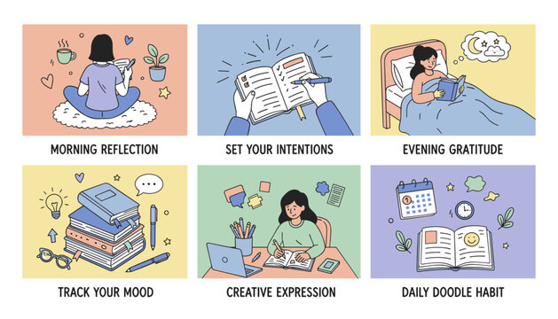 Illustration of daily selfcare and journaling habits reflection gratitude planning mood tracking and routine