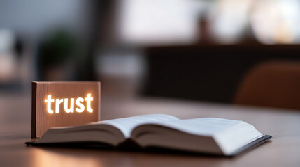 Illuminated 'trust' block stands near an open book, symbolizing faith. Soft focus background suggests peaceful reflection on relationships and inner strength.