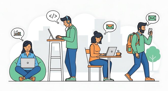 Set of diverse characters working remotely with modern technology.