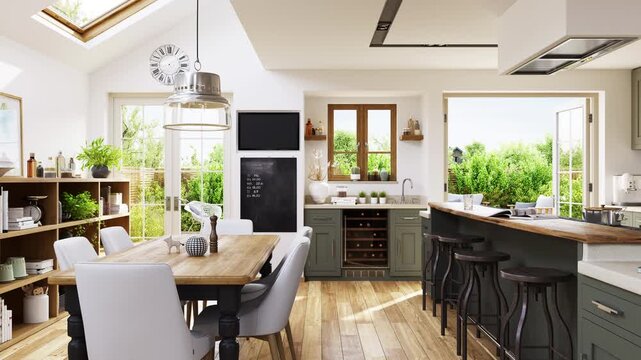 Modern Luxury Kitchen Interior with Patio Garden View