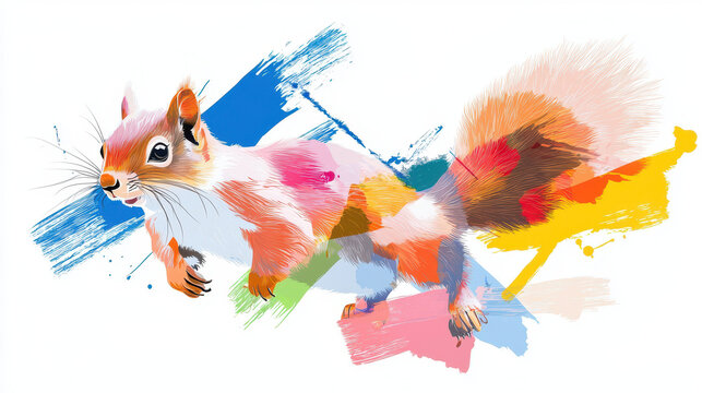 Vibrant illustration of playful cartoon squirrel, showcasing bright colors and dynamic brush strokes, evokes sense of joy and energy