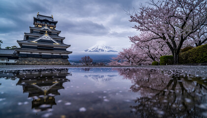 Fototapeta premium Aerial view of Japanese castle with cherry blossoms and Fujiyama