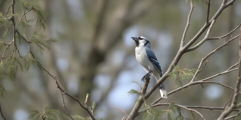Obraz premium Detailed close up photograph of blue jay perched comfortably on tree branch looking up in soft natural light