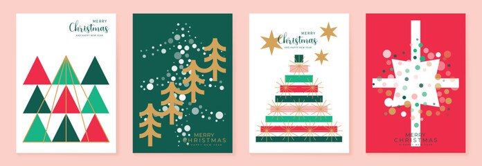 Obraz premium Christmas vector background set with triangle trees, gold branches, ribbon tree and abstract snow shapes — modern festive design for cards, packaging and digital prints.