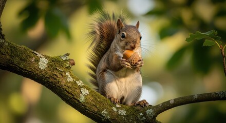A squirrel holding a nut while sitting on a tree branch