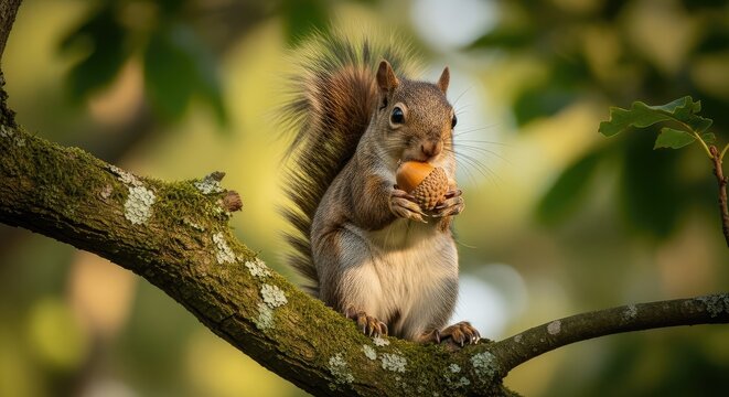 A squirrel holding a nut while sitting on a tree branch - Powered by Adobe