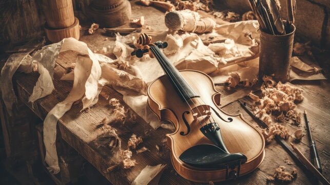 Unfinished violin on a workbench surrounded by wood shavings, warm wood tones and traditional craftsmanship. safety posters.