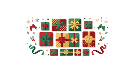 Festive array of colorful gift boxes with ribbons and stars, perfect for Christmas promotions and holiday marketing, conveying joy and celebration
