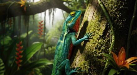 green chameleon on a branch