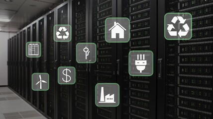 Sustainable data center solutions with eco-friendly icons representing green energy, recycling, and responsible consumption for a better future