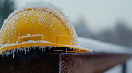 A yellow safety helmet covered with snow and icicles rests on a metal beam, indicating a cold work environment with possible construction or industrial activities in a winter season.