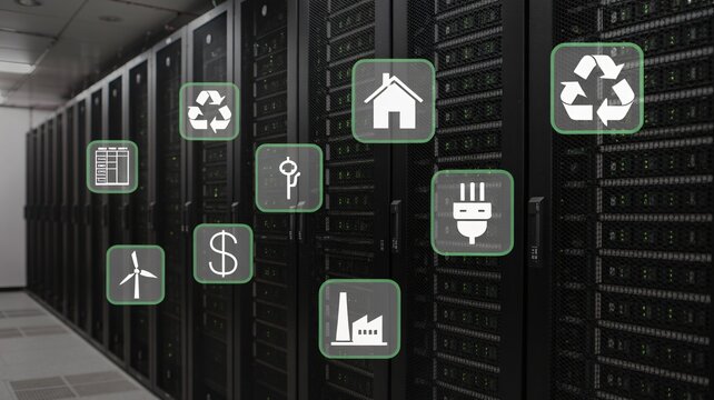 Sustainable data center solutions with eco-friendly icons representing green energy, recycling, and responsible consumption for a better future