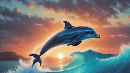 Vibrant digital painting of dolphin leaping cresting wave at glorious sunrise ocean with colorful cloudy sky tropical background