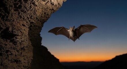 A bat flying out of a cave at dusk.