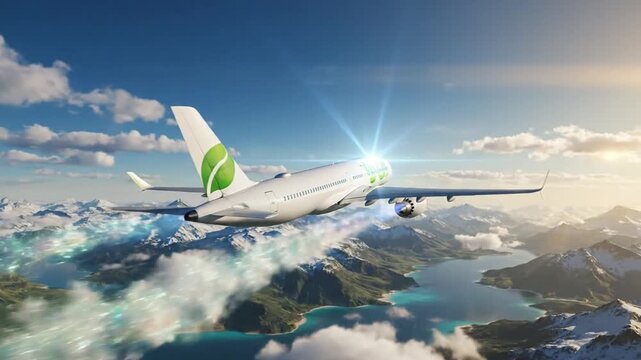 Conceptual illustration of green, eco-friendly aviation fuel representing a sustainable future for air travel, highlighting renewable energy innovation and environmentally conscious flight technology