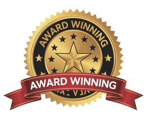 Award winning gold badge ribbon star quality achievement best product service excellence recognition seal on transparent background