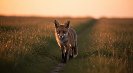 A fox walking quietly through tall grass during sunset.
