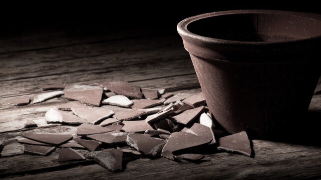 Shattered terracotta pot fragments on rustic wooden table, dramatic shadows. lifestyle magazines, social media lookbooks, designed for influencer and brand collaborations.