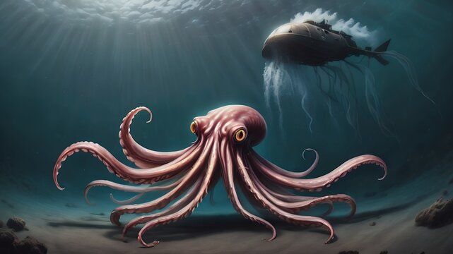 Giant Octopus Resting on Ocean Floor While Submarine Submersible Passes Overhead Deep Underwater Exploration