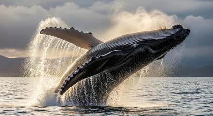 A humpback whale breaching the ocean surface with water splashing.