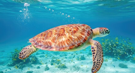 A sea turtle swimming gracefully in clear blue ocean water.