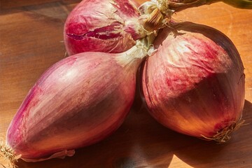 A bunch of raw, whole, red onions