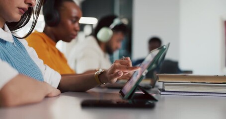 Tablet, hands and woman in classroom scrolling at university for research with studying for exam. Digital technology, reading and female student with online textbook for college test or assignment. - Powered by Adobe