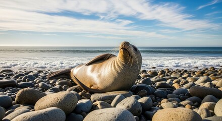 A playful seal lying on a rocky beach near the ocean.