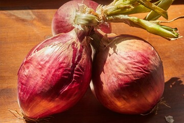 A bunch of raw, whole, red onions