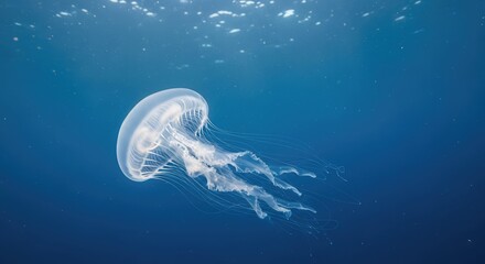 A translucent jellyfish floating gracefully in deep blue ocean water.