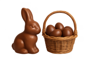 Chocolate easter bunny and basket of eggs