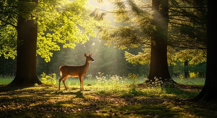 A graceful deer standing in a sunlit forest clearing.