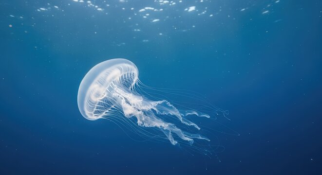 A translucent jellyfish floating gracefully in deep blue ocean water.
