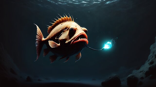 Deep sea creature illuminated by bright blue electric bioluminescent lure in dark mysterious ocean abyss